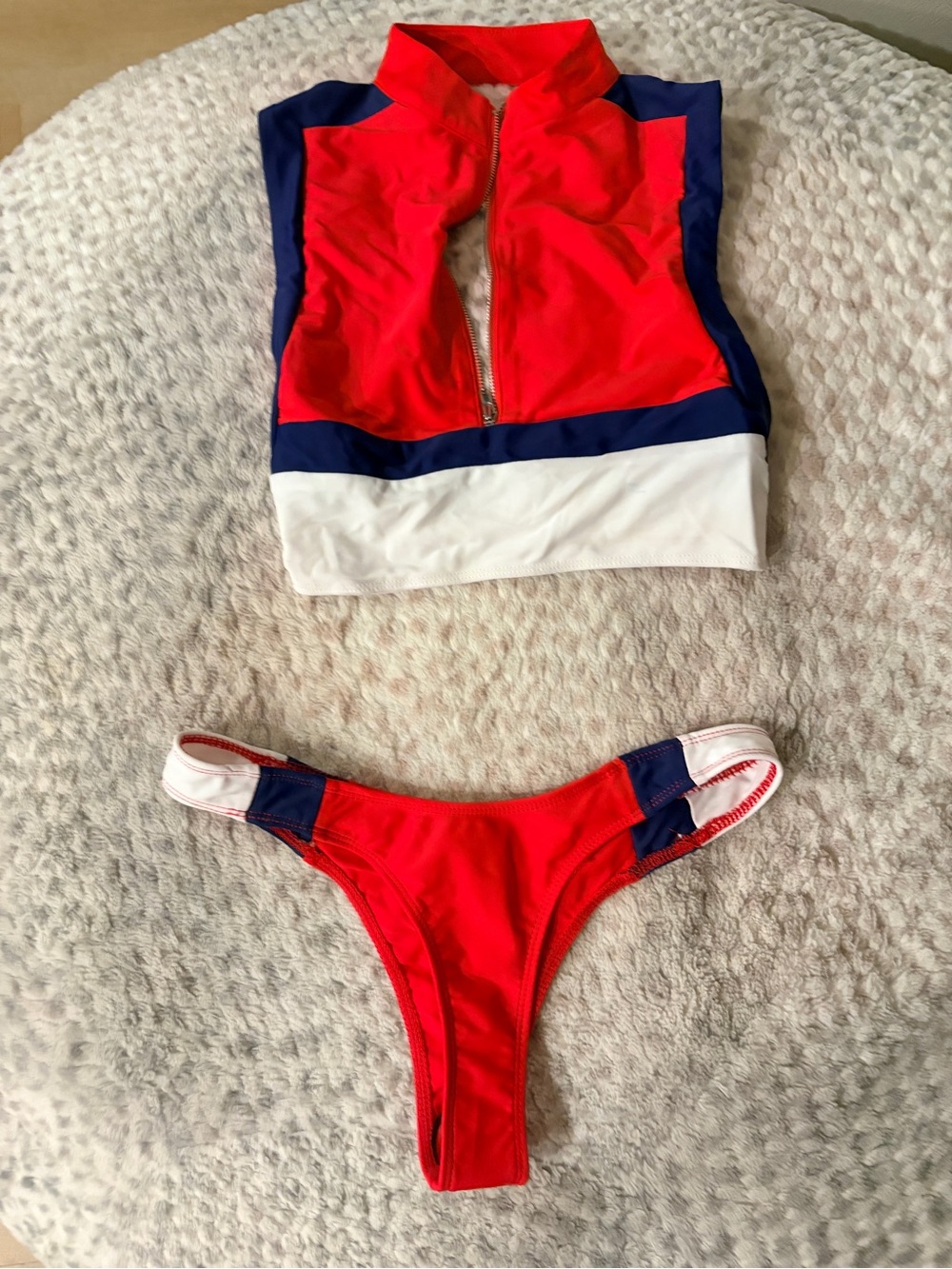 Fashion Nova Red Navy White Sporty Zip-Front Bikini Set